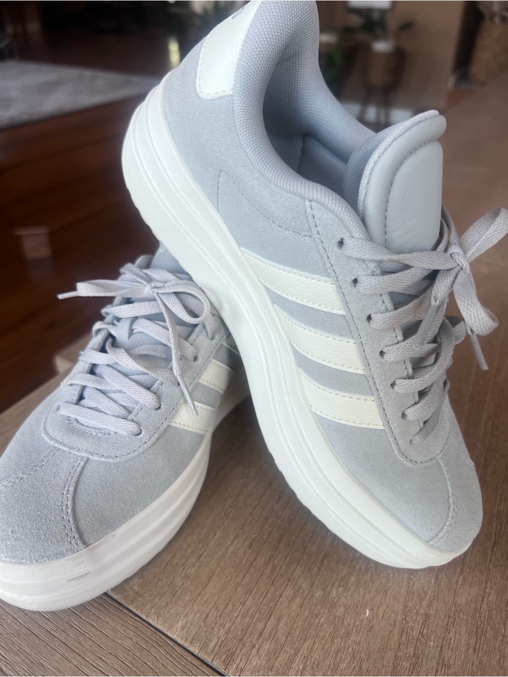 Adidas  Gray Suede Platform Sneakers with White Stripes